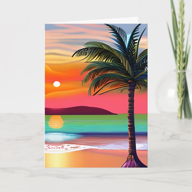 Cartão Pneus de Palma Tropicais e Sunset Themed Aniversár (Frente)