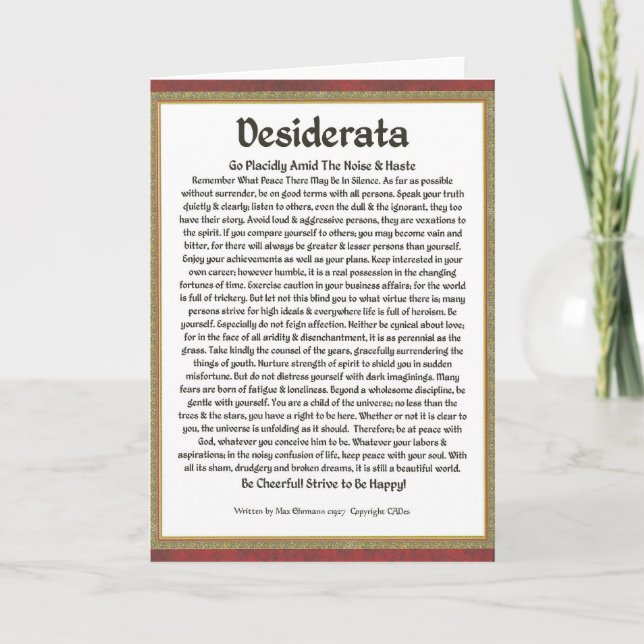 Cartão Poema DESIDERATA  Caligrafia Medieval Max Ehrmann (Frente)
