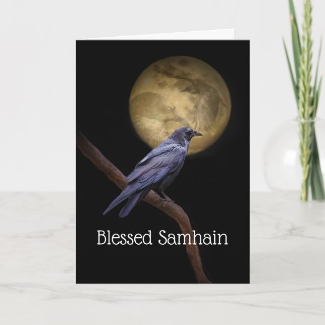 Cartão Poema do Corvo do Samhain e da Lua (Frente)