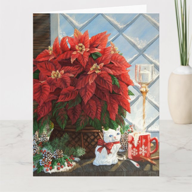 Cartão Poinsettia de inverno, Gato cerâmico, Ovo de canec (Frente)