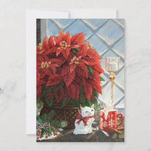 Cartão Poinsettia de inverno, Gato cerâmico, Ovo de canec