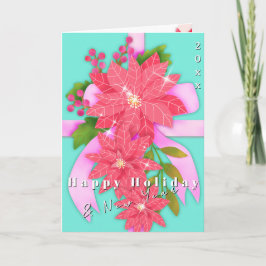 Cartão Poinsettia Feliz Feriado Ano Novo Azul Aqua