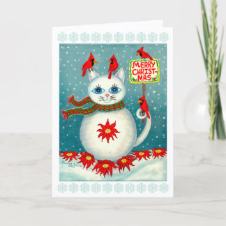 Cartão Poinsettia Pássaro Cardinal Snowcat Homem de Neve 
