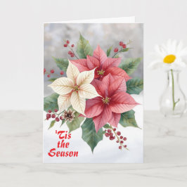 Cartão Poinsettia Rosa Branco "é a Estação" Natal