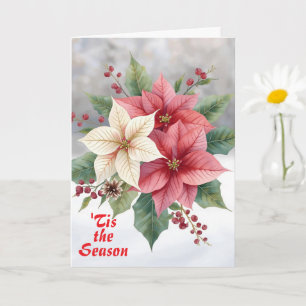 Cartão Poinsettia Rosa Branco "é a Estação" Natal