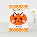 Cartão Polka Dot Orange Pumpkin Cat Halloween Birthday<br><div class="desc">A cute cat Halloween birthday card for kids, which you will be able to easily personalize the front with her age and name. The front features an orange polka dot and striped background with a cute cat face on an orange pumpkin. The inside message can be easily personalized with your...</div>