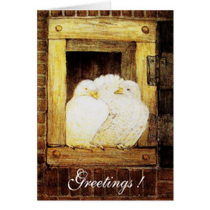 Cartão POMBAS BRANCAS NA JANELA, amarelo marrom