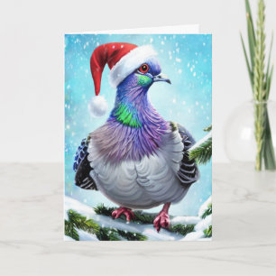 Cartão Pombo de Chapéu de Papai Noel na Neve que Cai Nata
