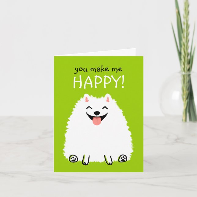 Cartão Pomerânia Branco Feliz com Texto Personalizado (Frente)