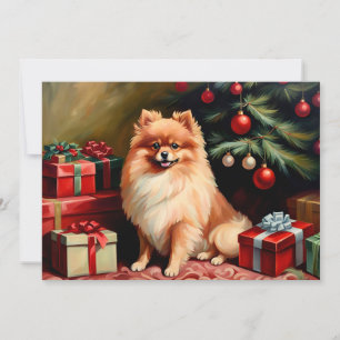 Cartão Pomerânia sentado junto à árvore de Natal