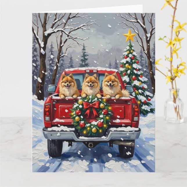 Cartão Pomeranian Christmas Red Truck Holiday Gift (Flor Amarela)