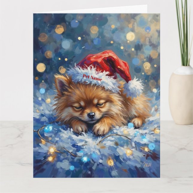 Cartão Pomeranian Sleeping on Fairy Lights Christmas Hat (Frente)