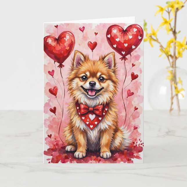 Cartão Pomeranian Valentine’s Day Dog with Hearts Red (Flor Amarela)