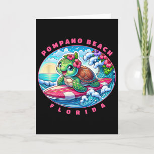 Cartão Pompano Beach Flórida Garota Fofo Surfe Tartaruga