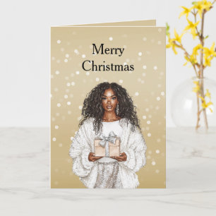 Cartão Pontos de Bokeh Vermelho Branco Natal Menina Preta