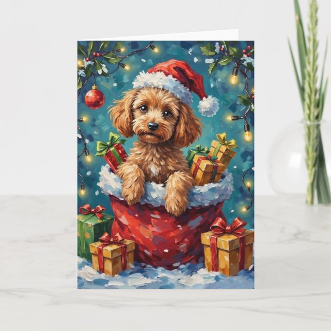 Cartão Poodle Christmas Santa Bag Adventure (Frente)