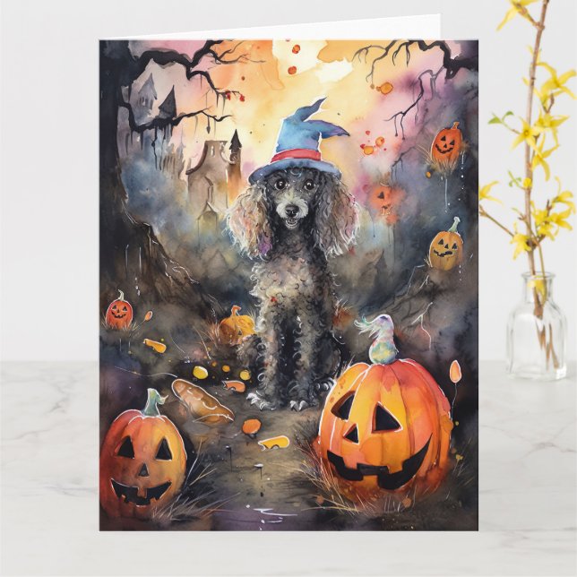 Cartão Poodle de Halloween com Abóboras Assustador (Flor Amarela)