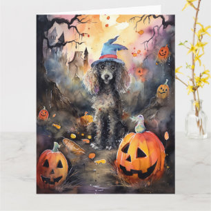 Cartão Poodle de Halloween com Abóboras Assustadoras