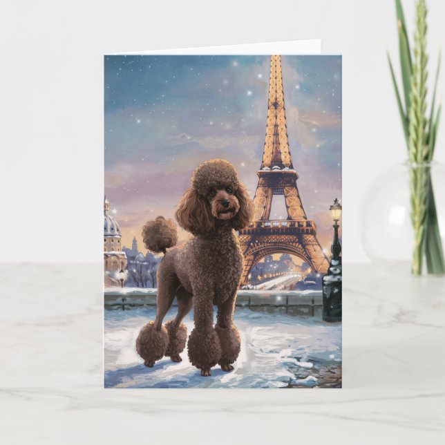 Cartão Poodle Marrom Inverno em Paris Pintura Arte (Frente)