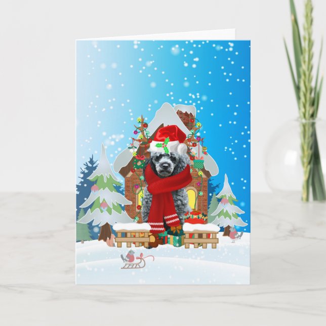 Cartão Poodle na neve com presentes de Natal (Frente)