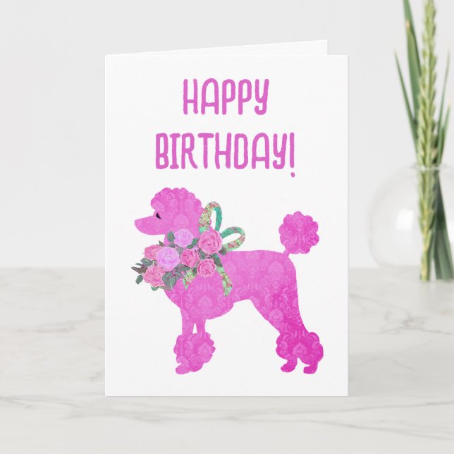 Cartão Poodle Rosa Personalizado Aniversário (Frente)