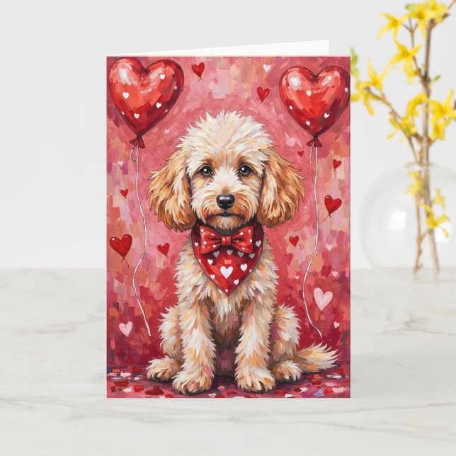Cartão Poodle Valentine’s Day Dog with Hearts Red (Flor Amarela)