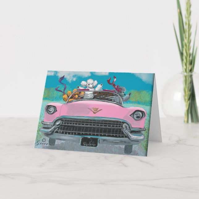 Cartão Poodles in Pink Cadillac Retro Print Card (Frente)