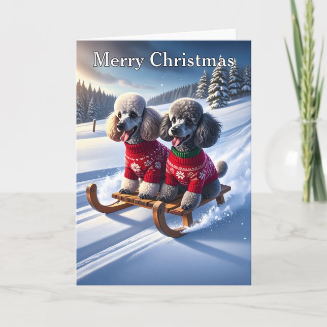 Cartão Poodles Sled Ride Christmas (Frente)