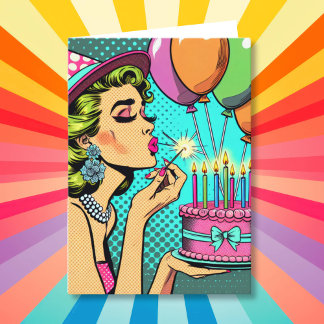 Cartão Pop de Arte Retro segurando um bolo feliz aniversá