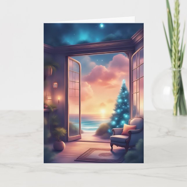 Cartão Pôr do sol de Natal pelo mar (Frente)