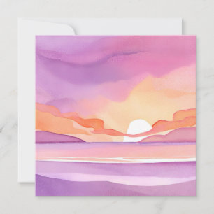 Cartão Pôr do sol em aquarela rosa   Belo céu oceânico
