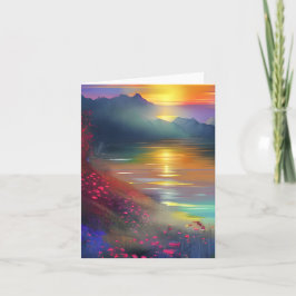Cartão Pôr do sol no lago em aquarela personalizável