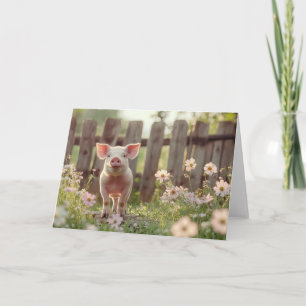 Cartão Porco bonito no jardim da flor