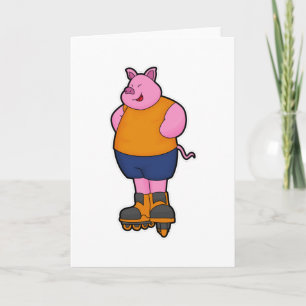 Cartão Porco como patinador com patins em linha
