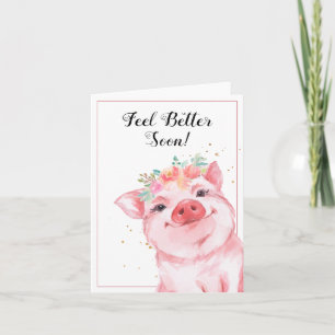 Cartão Porco Cute Watercolor com Coroa Floral Obrigado Ca