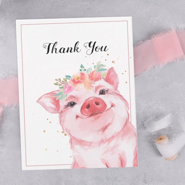 Cartão Porco De Aquarela Cócica Muito Obrigado (A thank you card decorated with an adorable watercolor pig.)