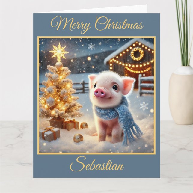 Cartão Porco de Natal bonito na Fazenda (Frente)