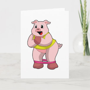 Cartão Porco na academia com elástico de borracha