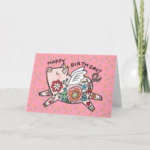Cartão Porco Voador Feliz Aniversário Angel Pig Floral