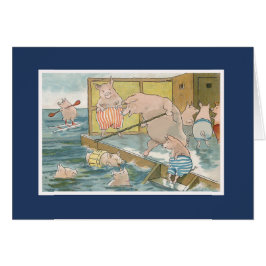 Cartão Porcos e leitão que nadam no mar - arte do vintage