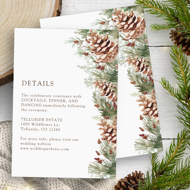Cartão Pormenores do inverno (White Winter Watercolor Evergreen Pinecones Details Enclosure Card by Painted Paperie)