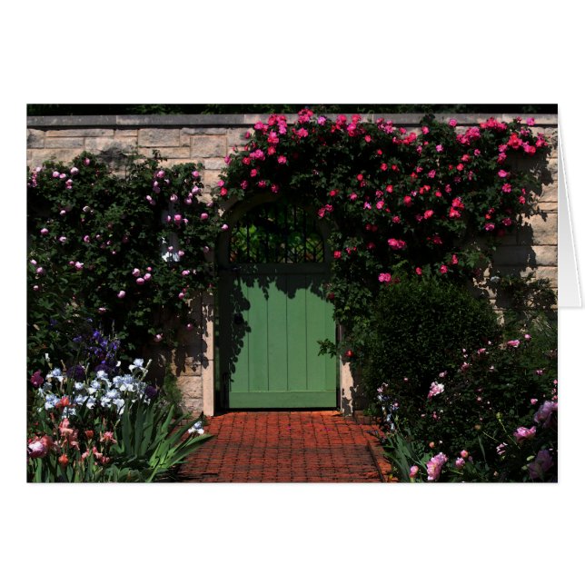 Cartão Porta do Jardim Verde com Rosas (Frente Horizontal)