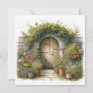 Cartão Portão de Jardim de Cottage em Estilo Aquarela Olá