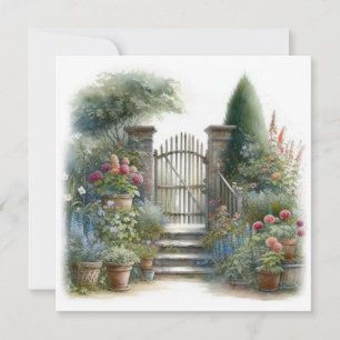Cartão Portão de Jardim de Cottage em Estilo Aquarela Olá