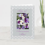 Cartão Portuguese - Mother's 80th birthday<br><div class="desc">Cartão postal em Portugues com foto de florzinhas lilases com renda branca em redor. Personalize a sua mensagem! Greeting card in Portuguese for mom's 80th birthday with lace frame and photo of pansies on baby blue background. Personalize your message! Greeting card in Spanish for mother's day with photo of flowers...</div>