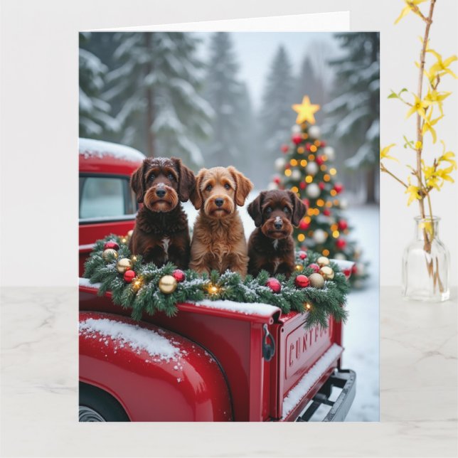 Cartão Portuguese Water Dog Christmas Red Truck Holiday (Flor Amarela)