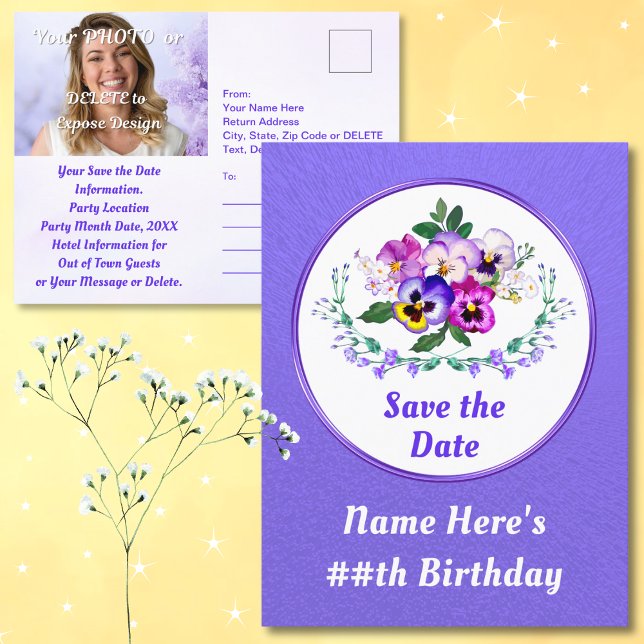 Cartão postal (Birthday Save the Date Postcards. Cheap Save the Dates. Pansy Birthday. Save the Date Postcards.)