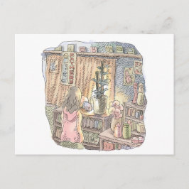 CARTÃO POSTAL さなくなじ      薄暗いお部屋の植木とカーテンのそばで淡く光る物体を見つめる女性の後ろ姿のイラス