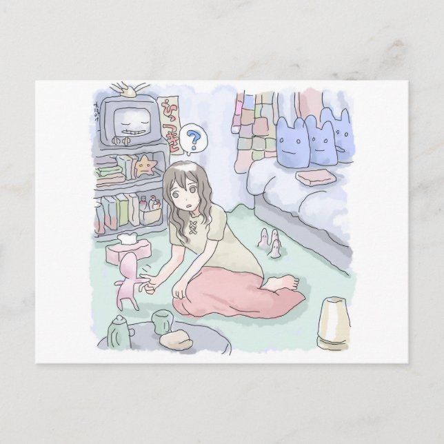 CARTÃO POSTAL さにしれじ　緑のカーペットが敷いてある寝室でへたり込んでいる女性のイラスト (Frente)