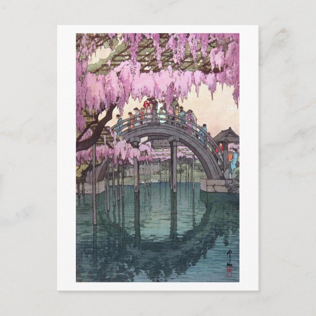 Cartão Postal 亀 戸 神, Ponte Kameido, Hiroshi Yoshida, Woodcut (Frente)